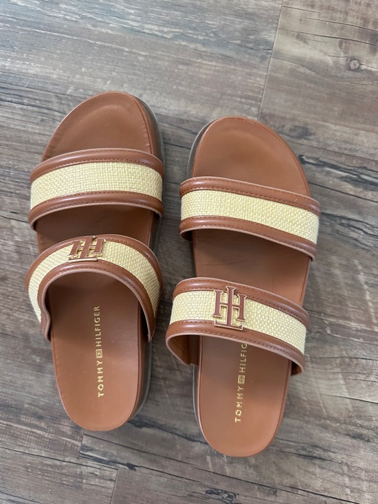 Tommy Hilfiger Shoes - Tommy Hilfiger Tan & Cream Double-Strap Slide Sandals with Gold TH Logo